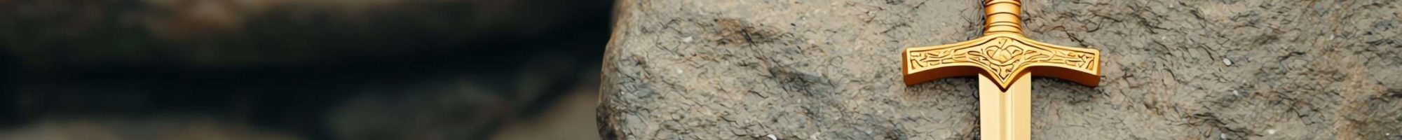 Golden sword embedded in a stone, legendary myth, 3D illustration